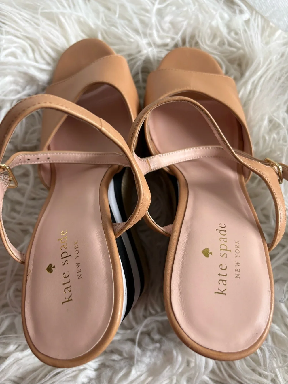 Kate Spade Tan Leather Striped Espadrille Platform Wedge Sandals 10M
